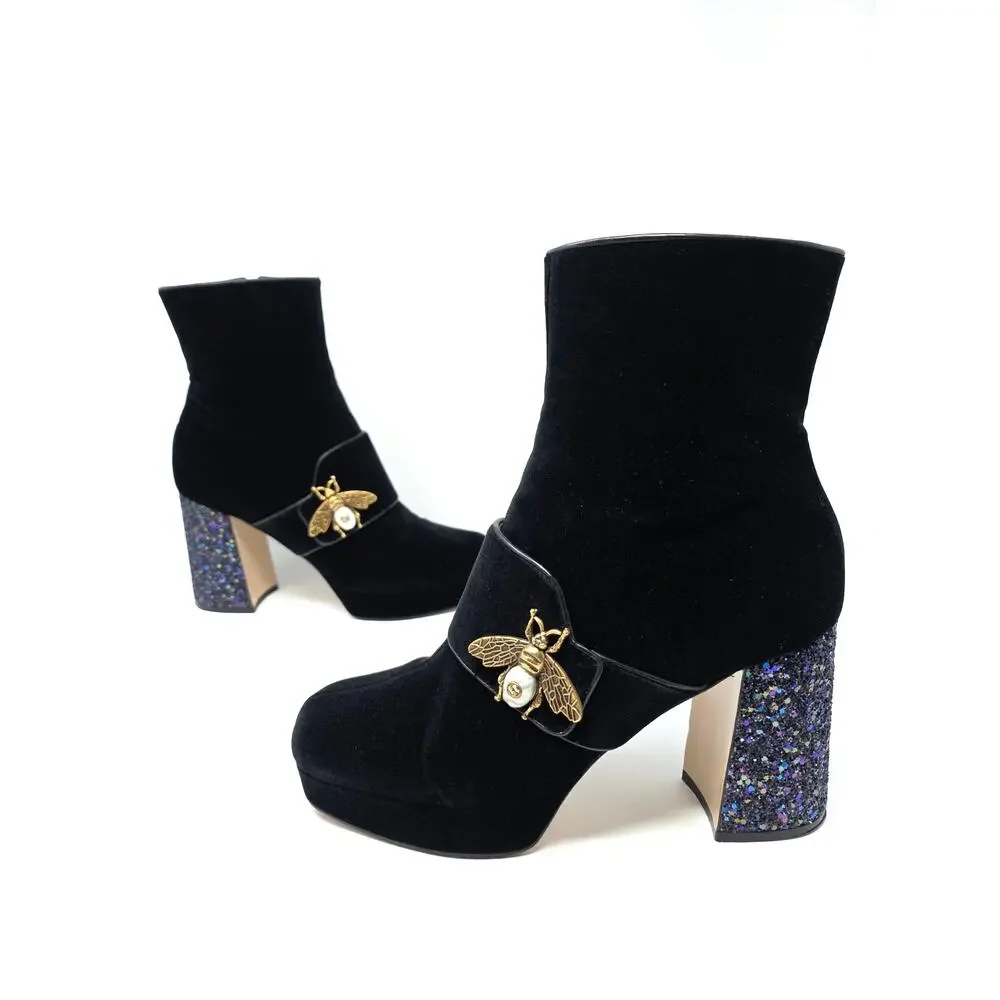 Gucci Platform Soko Bee GG Logo Ankle Boots Black Velvet Square Toe 40.5 10.5